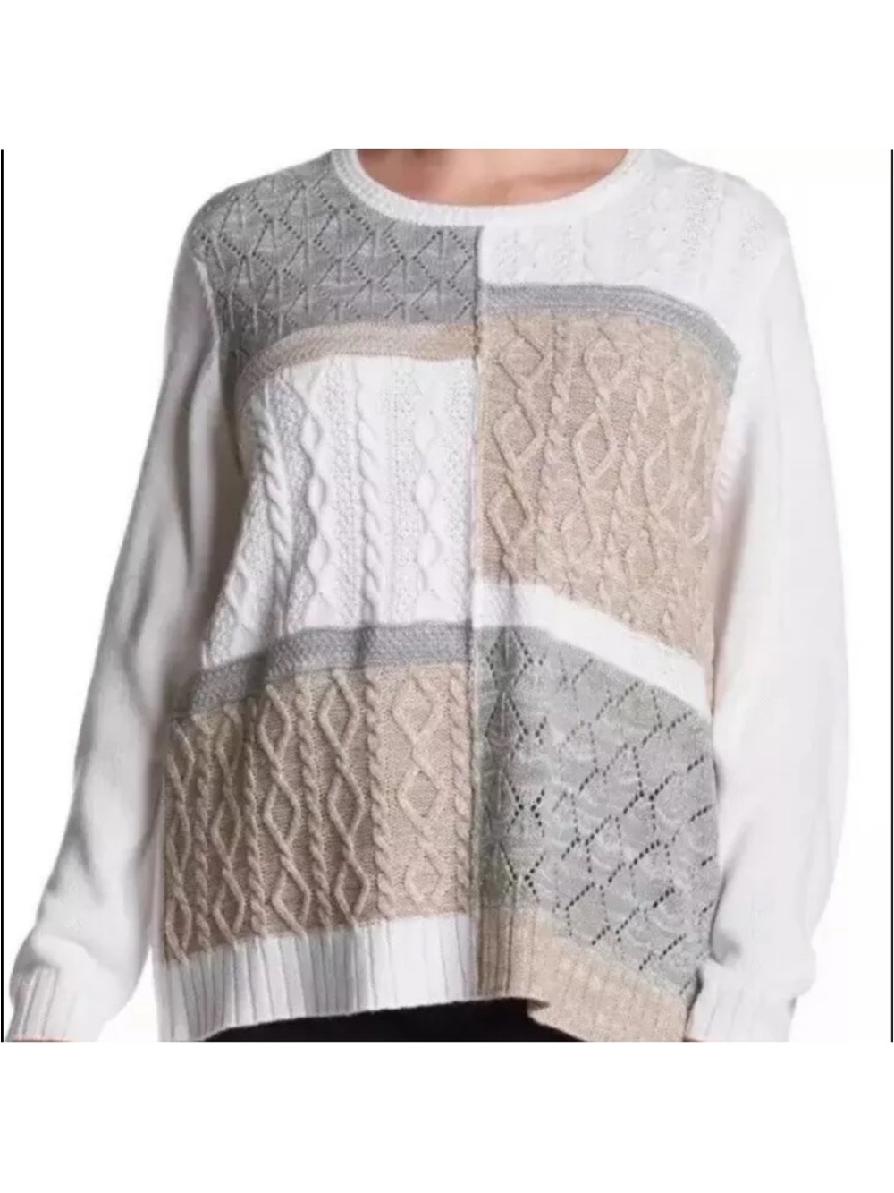 Alfred Dunner Eskimo Kiss Colorblock Cable Knit Sweater - White, Beige & Gray PM